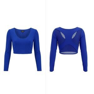 bebe Blue Cropped Long Sleeve Open Back Top Scoop Neck Women Size XXS